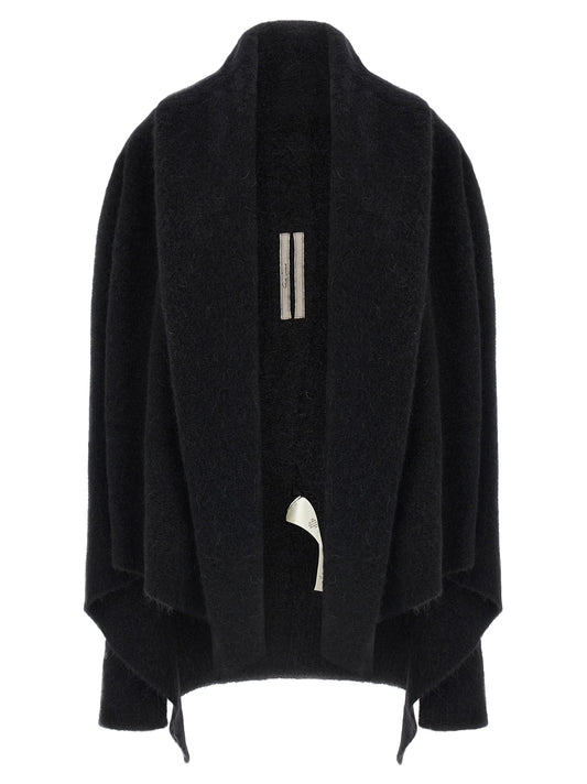 Hooded Cardigan by Rick Owens for women in nylon alpaca wool & marabou black showcases a captivating silhouette, artfully detailed with a captivating and wrap hooded shawl-collar neckline for a truly sophisticated captivating look.