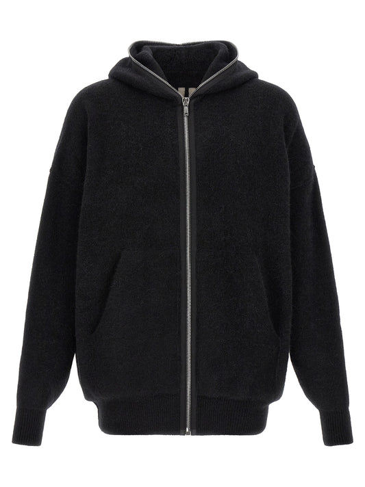 Sweatshirt Hoodie by Rick Owens for men in nylon alpaca wool & marabou black & silver features a slouchy chic silhouette, detailed with a slouchy chic and a signature hooded neckline for an elevated aesthetic.