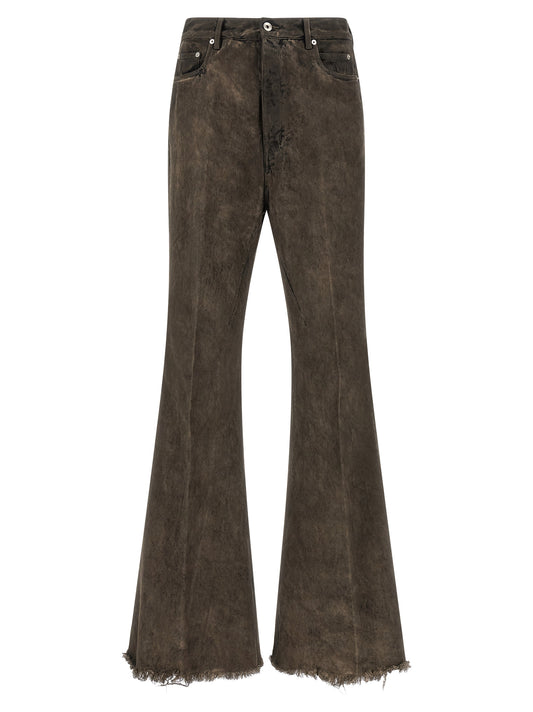 Jeans by Rick Owens for men in denim cotton gray & silver features an refined tailoring silhouette, showcasing a premium flared & bootcut with a high rise and long cut for a refined tailoring look.