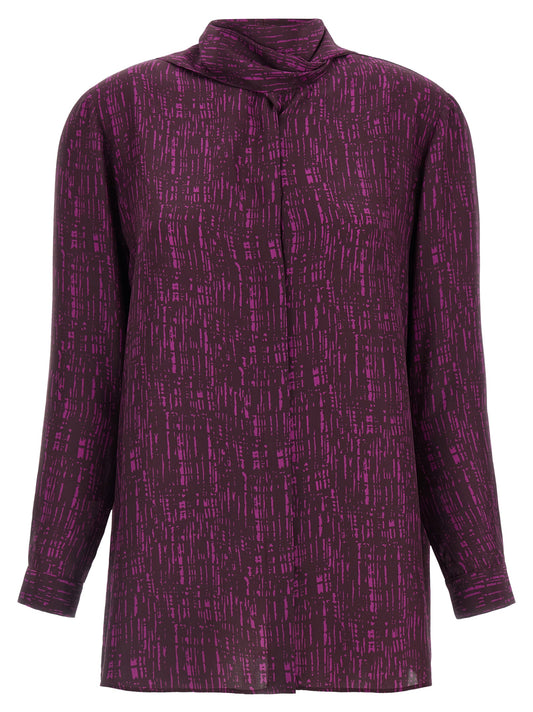 Blouse by Gianluca Capannolo for women in silk magenta, plum, purple & print showcases a sharp silhouette, elegantly detailed with a sharp and sharp long-sleeve.
