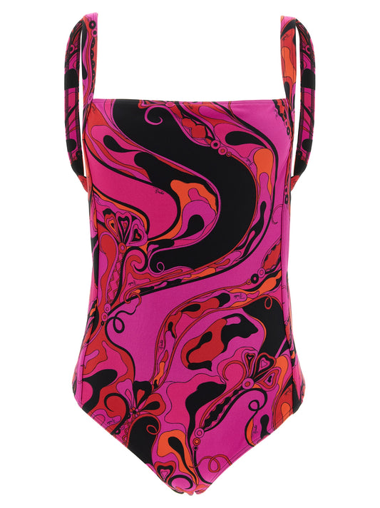 One-Piece Swimsuit by Emilio Pucci for women in stretch polyamide black, fuchsia & signature showcases a captivating silhouette, artfully capturing the essence of the captivating Women's Stretch Polyamide One-Piece Swimsuit design for a sophisticated look.