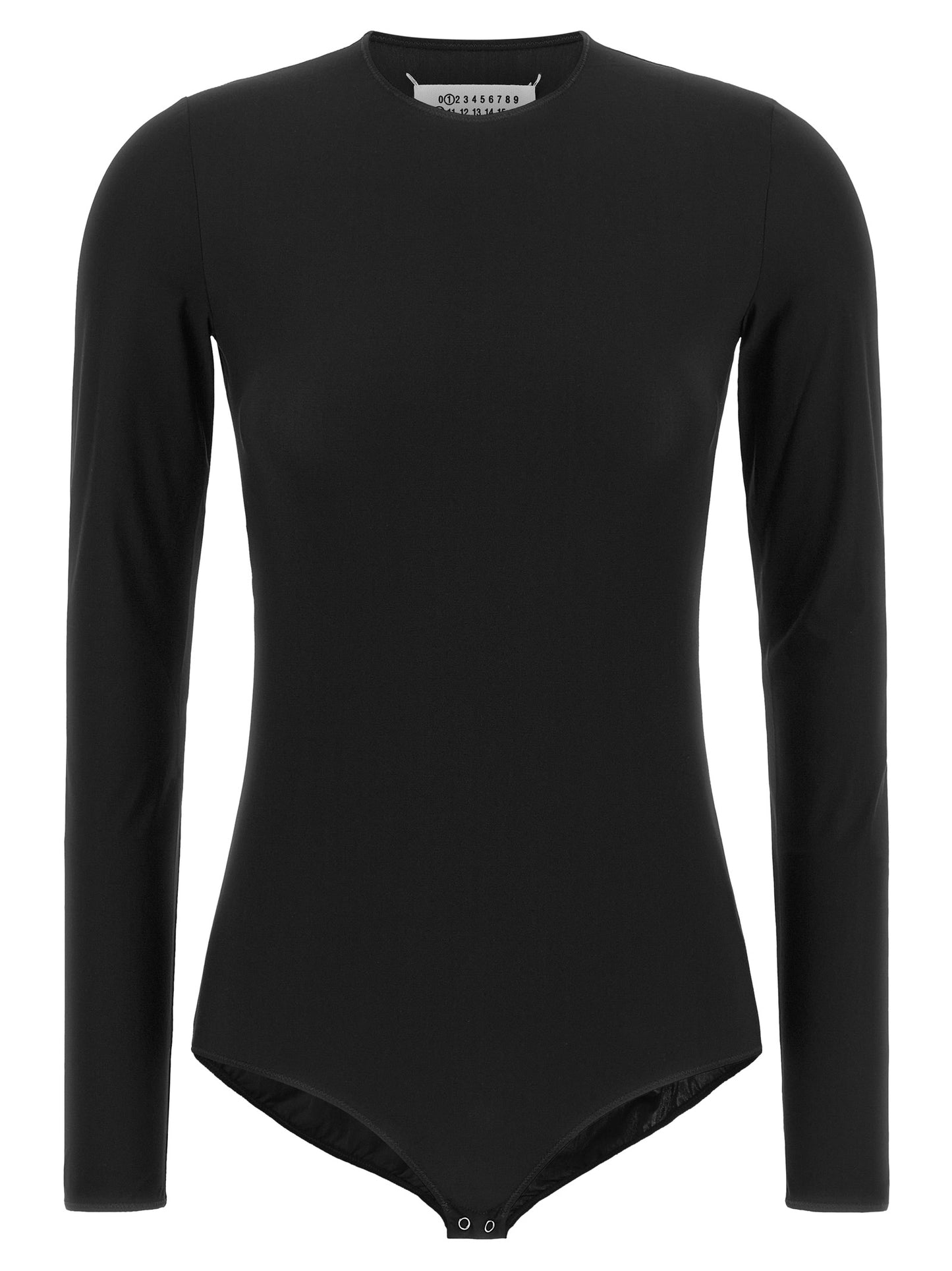 Bodysuit by Maison Margiela for women in stretch polyamide black features an exquisite silhouette with a refined crew neckline and exquisite long-sleeve detailing.