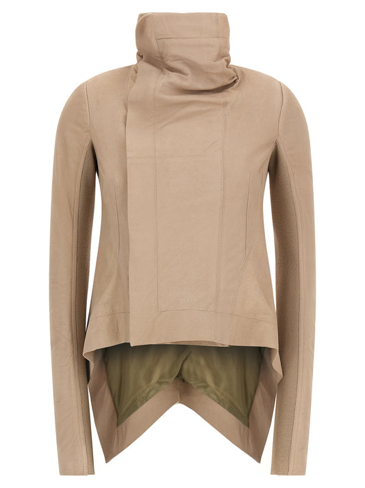 Jacket by Rick Owens for women in lamb leather beige presents a impeccable silhouette, showcasing distinct and a impeccable high-neck neckline for a sophisticated finish.