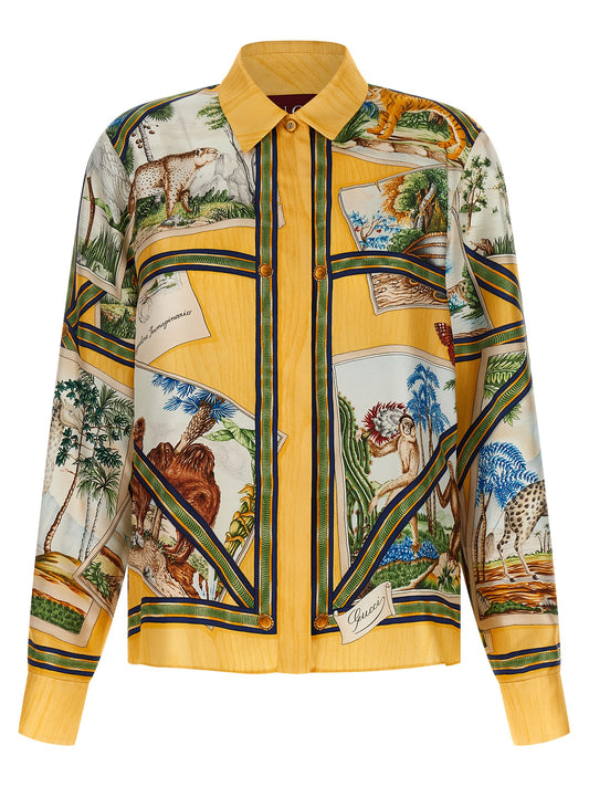 Blouse by Gucci for women in silk twill animal, multicolor & print showcases a sleek silhouette, elegantly detailed with a sleek and for a sleek finish.