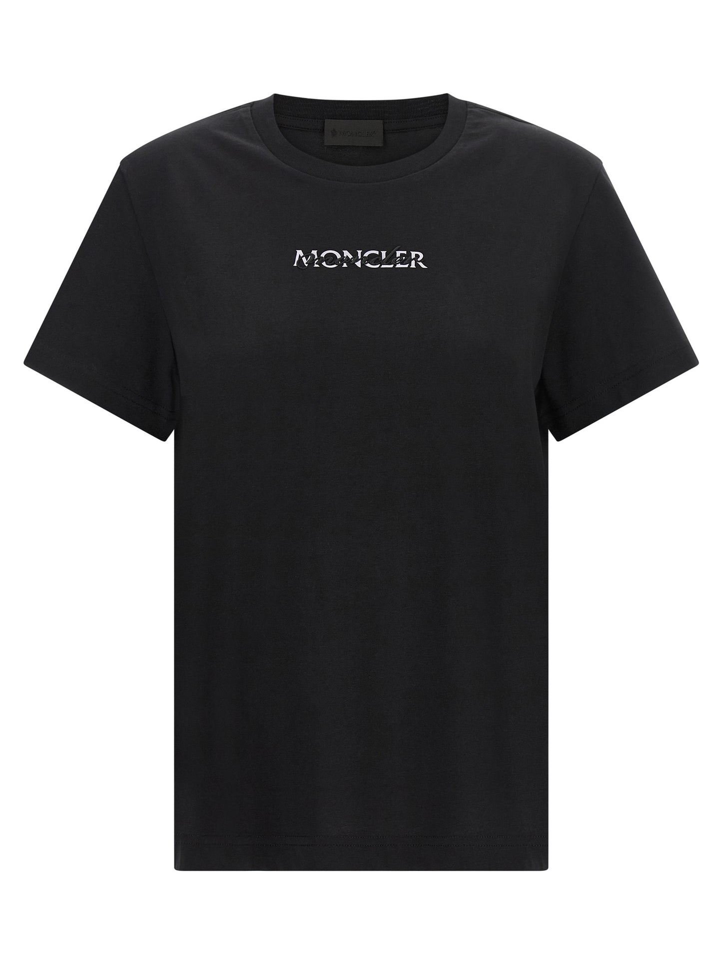 T-Shirt by Moncler for women in cotton black showcases a dramatic silhouette, elegantly detailed with a dramatic and short-sleeve for a truly dramatic finish.