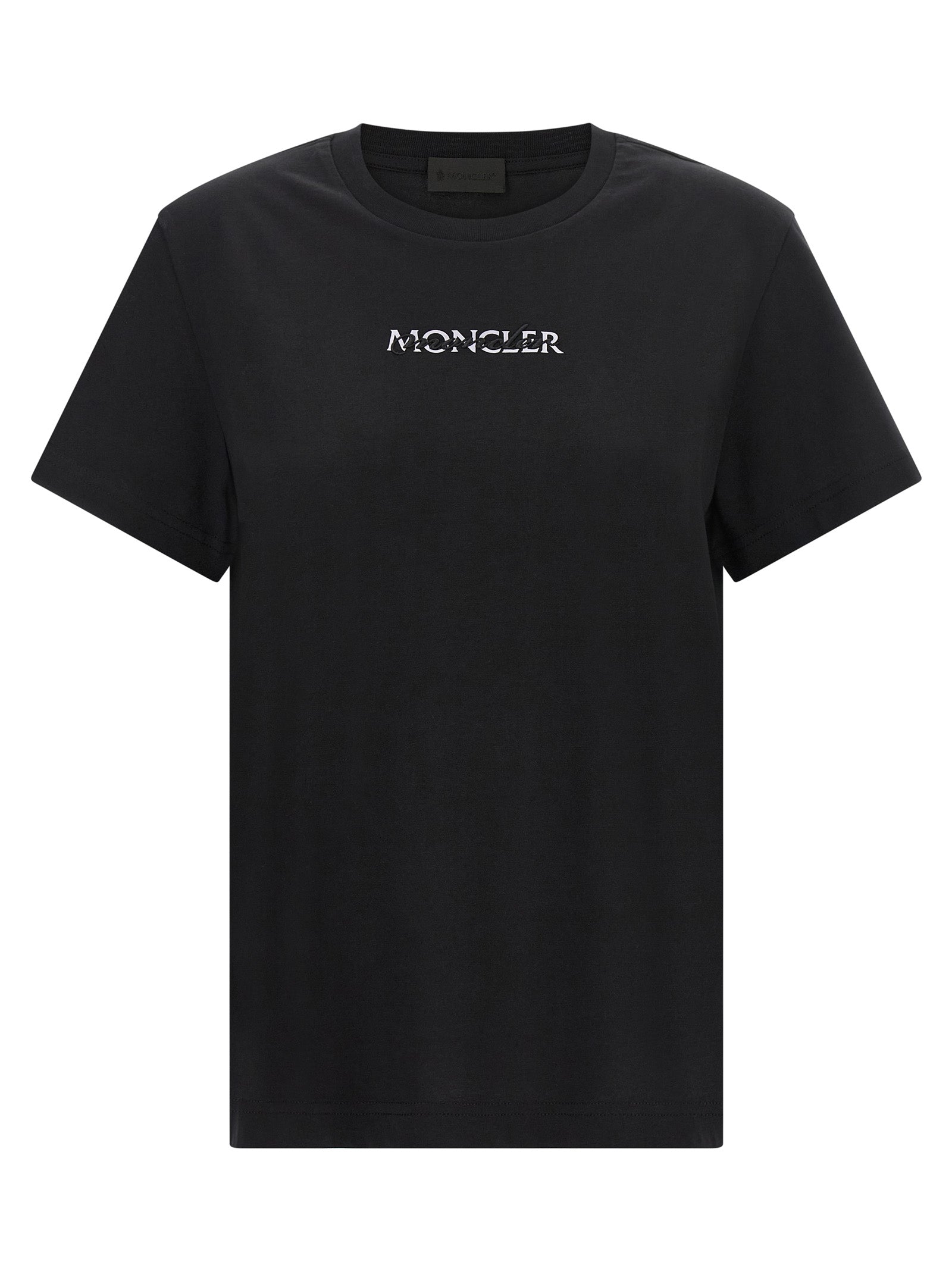 T-Shirt by Moncler for women in cotton black showcases a dramatic silhouette, elegantly detailed with a dramatic and short-sleeve for a truly dramatic finish.