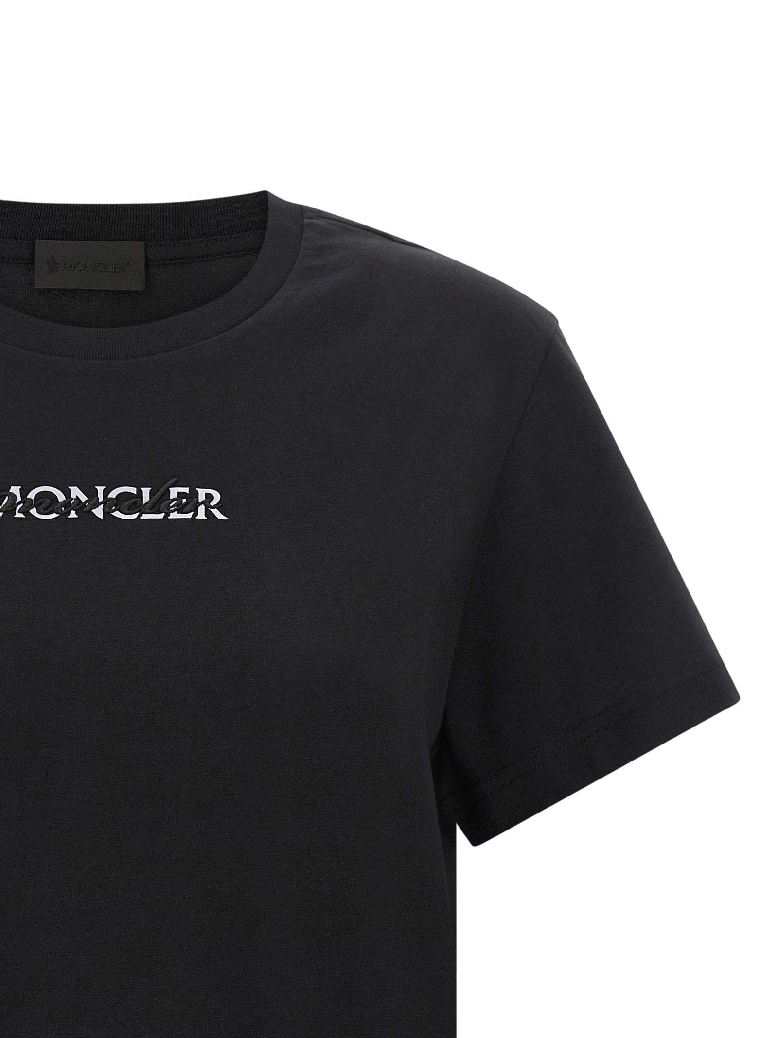 T-Shirt by Moncler for women in cotton black showcases a chic silhouette, artfully detailed with a chic and for a chic finish.