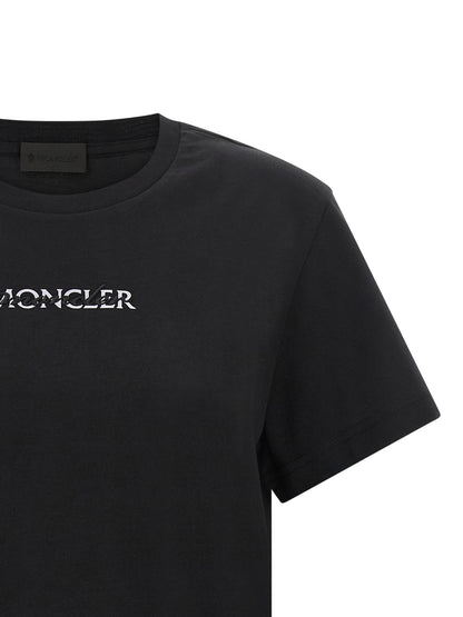 T-Shirt by Moncler for women in cotton black showcases a chic silhouette, artfully detailed with a chic and for a chic finish.
