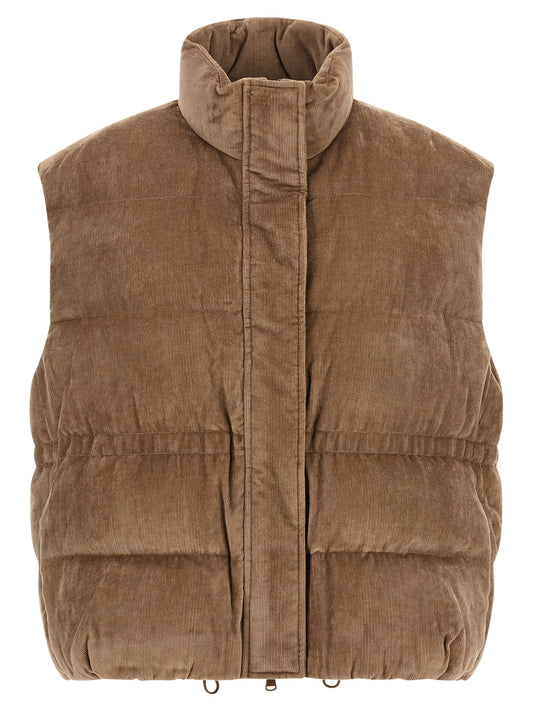 Vest by Brunello Cucinelli for women in cashmere viscose corduroy beige showcases a utilitarian silhouette, artfully incorporating insulated and a utilitarian for a truly utilitarian finish.