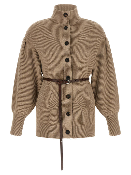 Cardigan by Brunello Cucinelli for women in silk cashmere & leather beige, brown, patterned & chevron presents a textural silhouette, artfully finished with a textural and for a sophisticated, textural look.