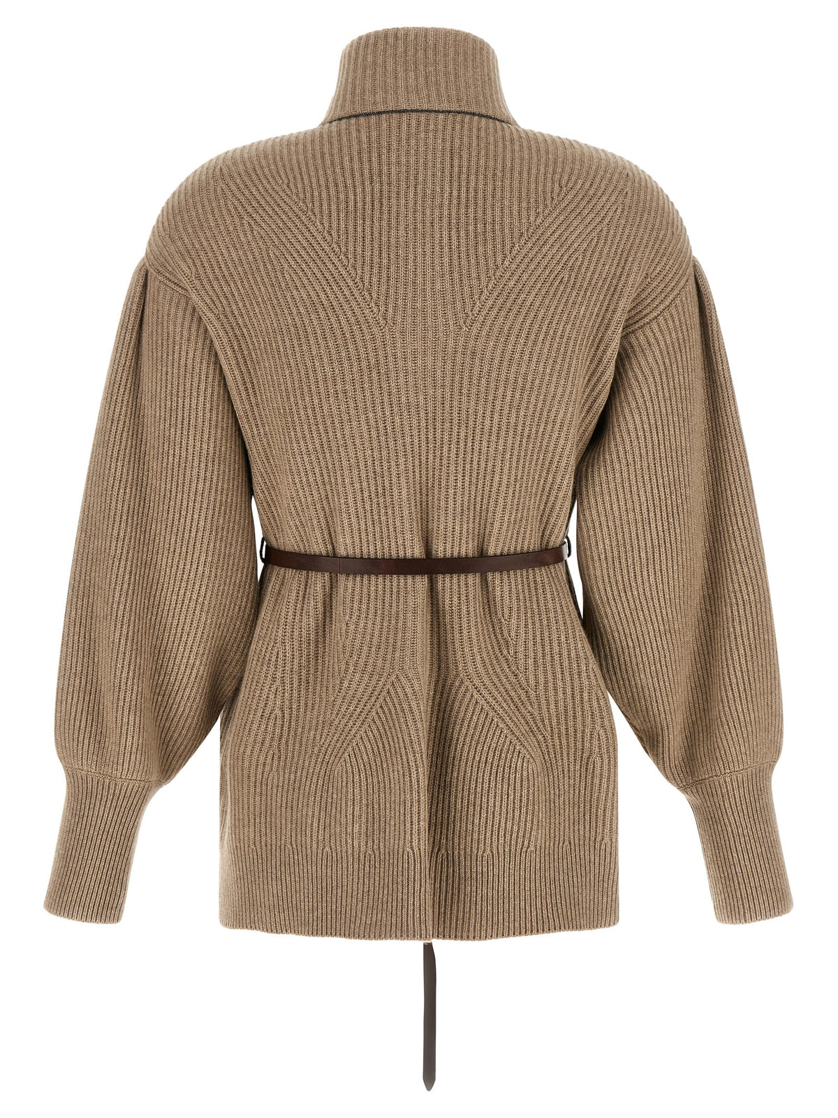 Cardigan by Brunello Cucinelli for women in silk cashmere & leather beige, brown, patterned & chevron features an crisp silhouette, showcasing a sophisticated and detail for a truly crisp finish.