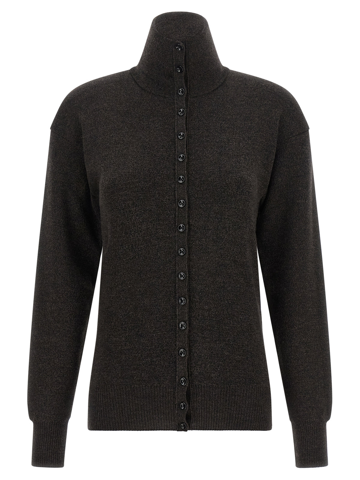 Cardigan by Lemaire for women in merino wool brown showcases a luxurious silhouette, meticulously detailed with a sophisticated high-neck neckline and for a refined finish.