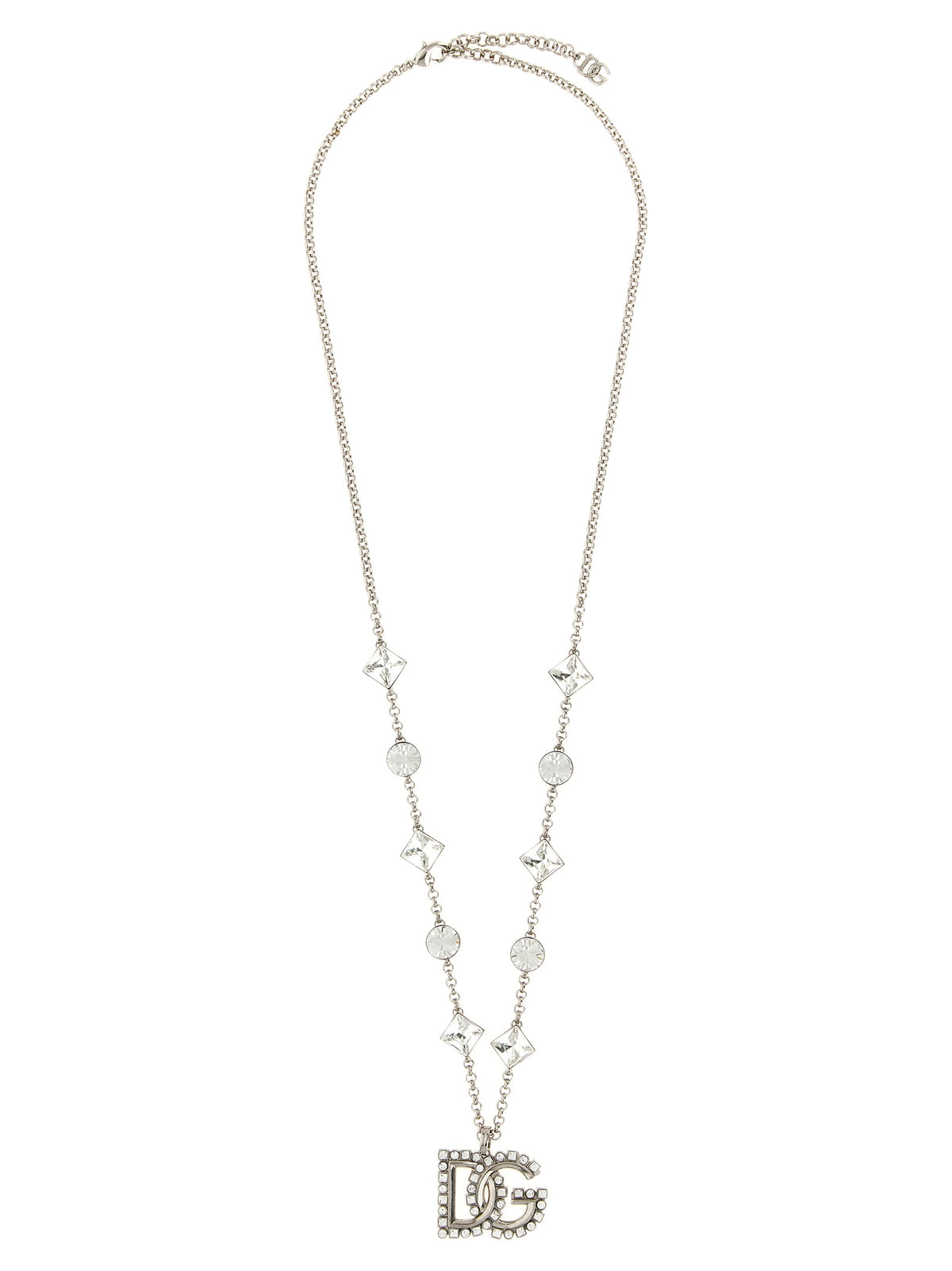 Necklace by Dolce & Gabbana for women in polyester viscose & rhinestone silver, transparent, signature & monogram presents a artisanal silhouette, artfully highlighting the chain pendant statement necklace design and artisanal Women's Silver Brass & Glass Necklace aesthetic for a sophisticated finish.