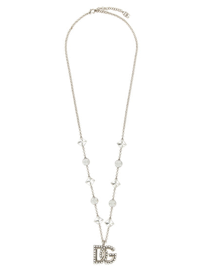 Necklace by Dolce & Gabbana for women in polyester viscose & rhinestone silver, transparent, signature & monogram presents a artisanal silhouette, artfully highlighting the chain pendant statement necklace design and artisanal Women's Silver Brass & Glass Necklace aesthetic for a sophisticated finish.