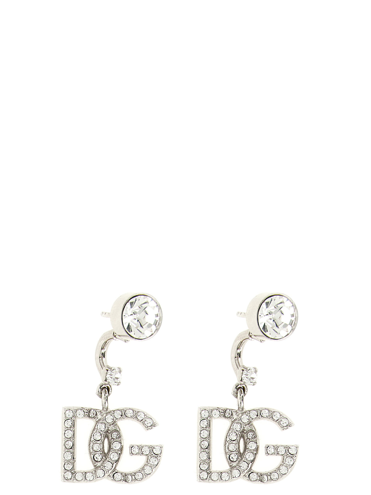 Earrings by Dolce & Gabbana for women in polyester viscose & rhinestone silver, transparent & monogram presents a curated silhouette, artfully showcasing the curated and refined aesthetic of the Women's Silver Brass & Crystal Earrings.