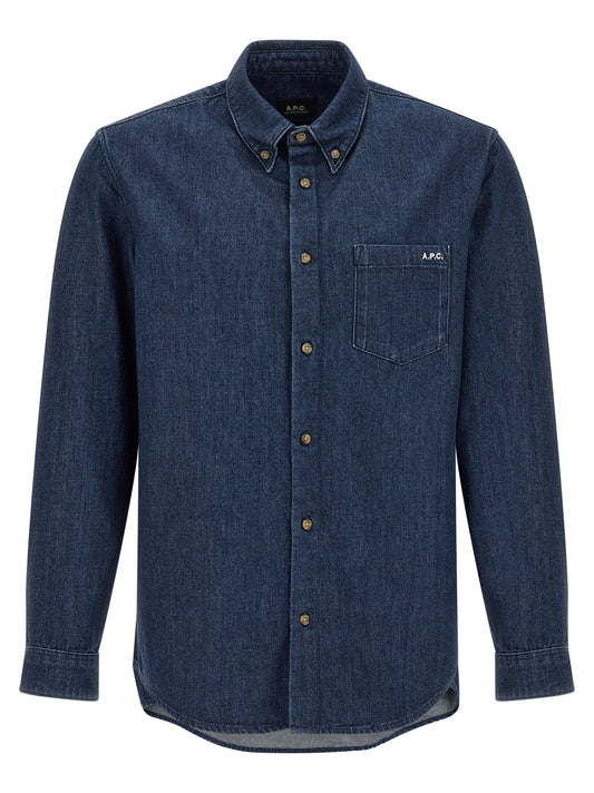 Shirt by A.P.C. for men in cotton blue features an architectural silhouette with a refined and elegant button-down-collar neckline for a architectural look.