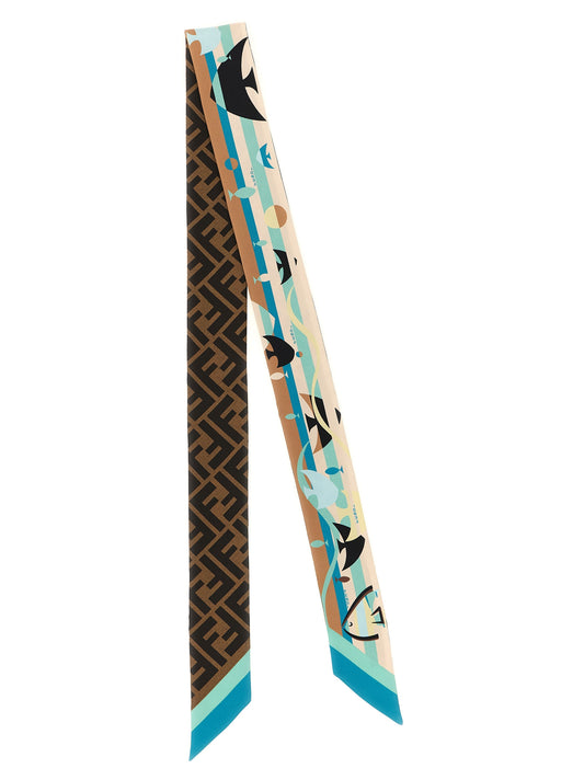 Scarf by Fendi for women in silk beige, blue, brown, multicolor, monogram & print features a snug silhouette, perfectly showcasing the elegant drape and premium finish of the Silk Scarf.