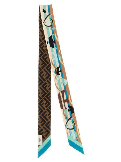 Fendi Silk Scarf - Beige Blue Brown Multicolor Monogram Print