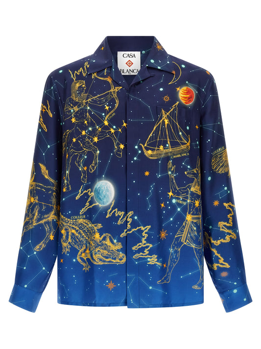 Shirt by Casablanca for men in silk blue & print features an polished silhouette, showcasing a sophisticated cuban-collar neckline and detail for a truly polished finish.