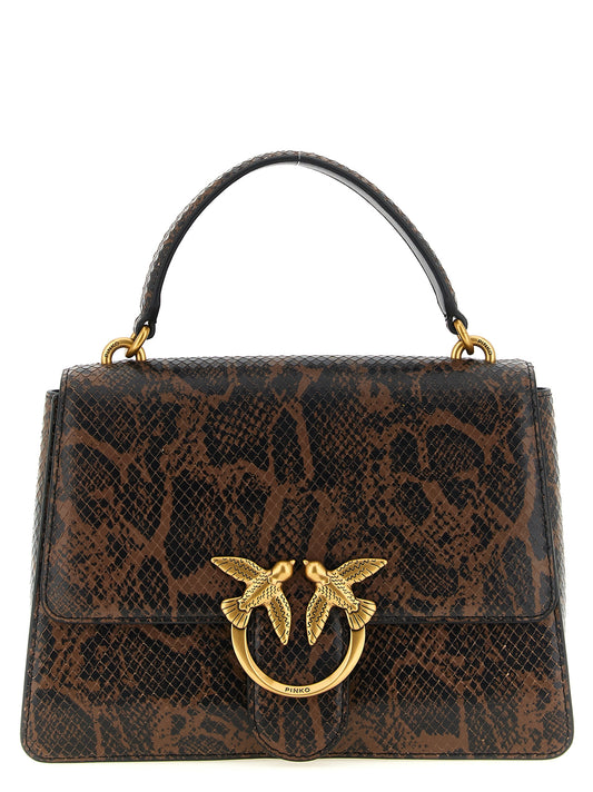 Medium Handbag by PINKO for women in python calfskin leather black, brown, gold & print features a signature silhouette, showcasing a secure buckle and signature with versatile handle & detachable-strap for a sophisticated look.