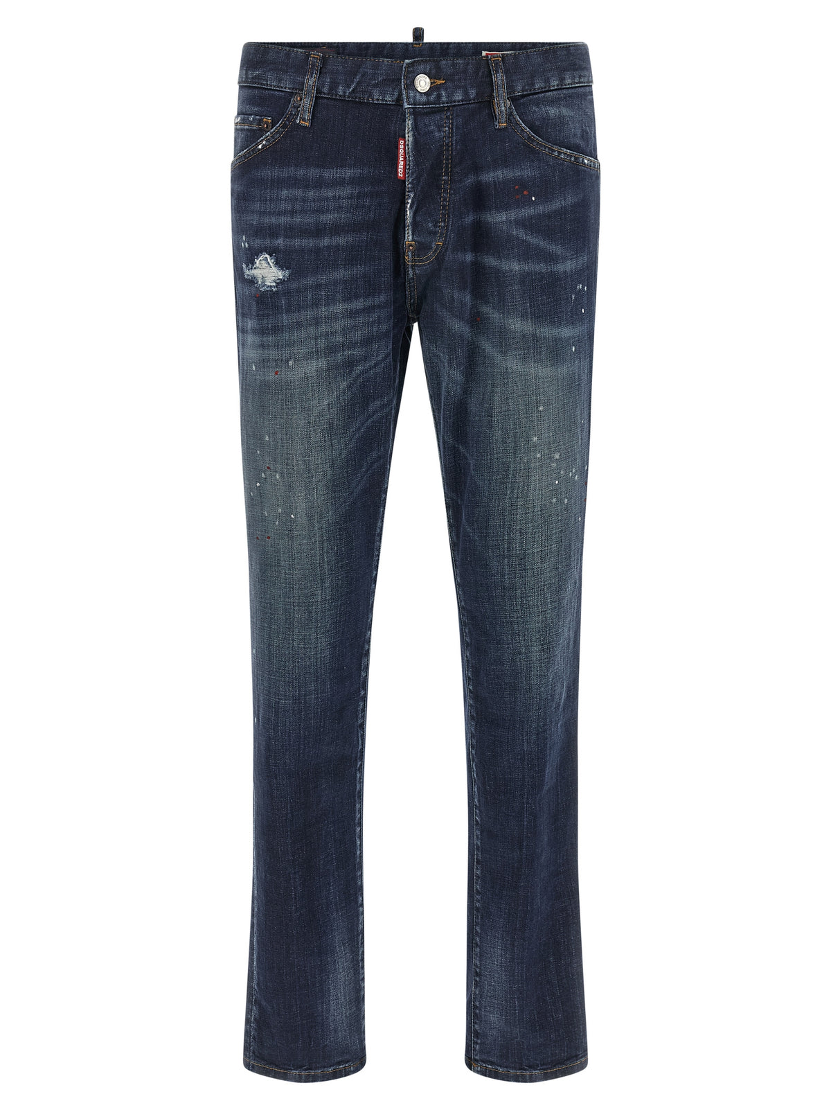 Jeans by Dsquared² for men in stretch denim cotton canvas blue, red & signature presents a tailored silhouette, showcasing a tailored straight-leg and long cut with a refined for a truly tailored aesthetic.