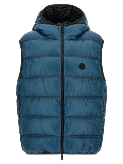 Hooded Vest by Moncler for men in polyamide blue & teal showcases a utilitarian silhouette, artfully incorporating pockets, hooded & insulated and a utilitarian hooded neckline for a truly utilitarian finish.