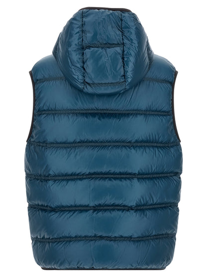 Hooded Vest by Moncler for men in polyamide blue & teal features a chic silhouette, expertly detailed with a refined hooded neckline and premium pockets, hooded & insulated for a truly chic look.