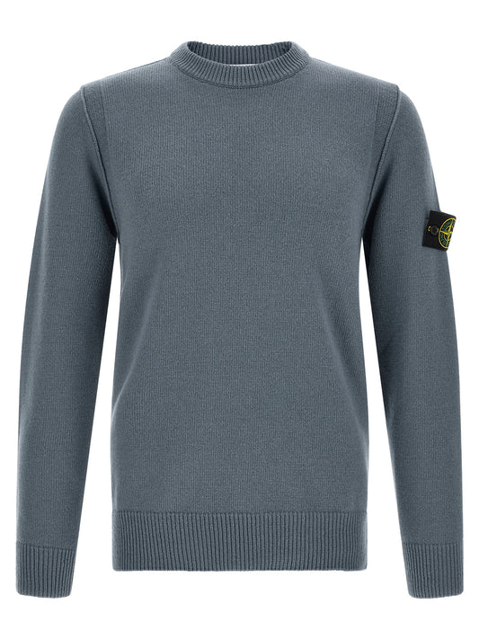 Cardigan by Stone Island for men in polyamide steel & virgin wool blue & signature features an impeccable silhouette, showcasing a sophisticated crew neckline and detail for a truly impeccable finish.