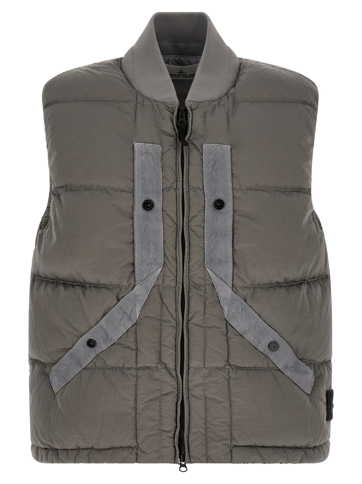 Vest by Stone Island for men in polyamide gray showcases a dynamic silhouette, perfectly balancing with a dynamic for a sophisticated, high-fashion look.