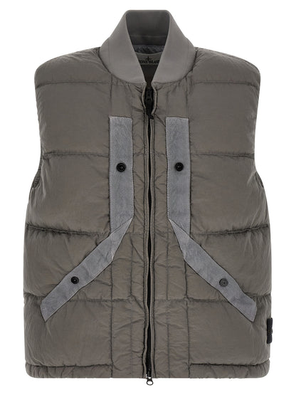 Vest by Stone Island for men in polyamide gray showcases a dynamic silhouette, perfectly balancing with a dynamic for a sophisticated, high-fashion look.