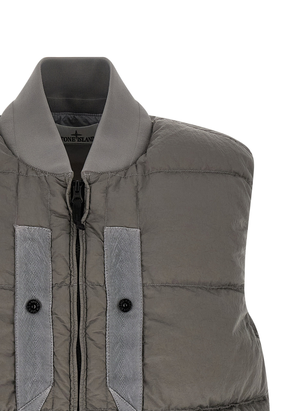 Vest by Stone Island for men in polyamide gray features a stylish silhouette, showcasing distinct and a refined for a truly stylish finish.