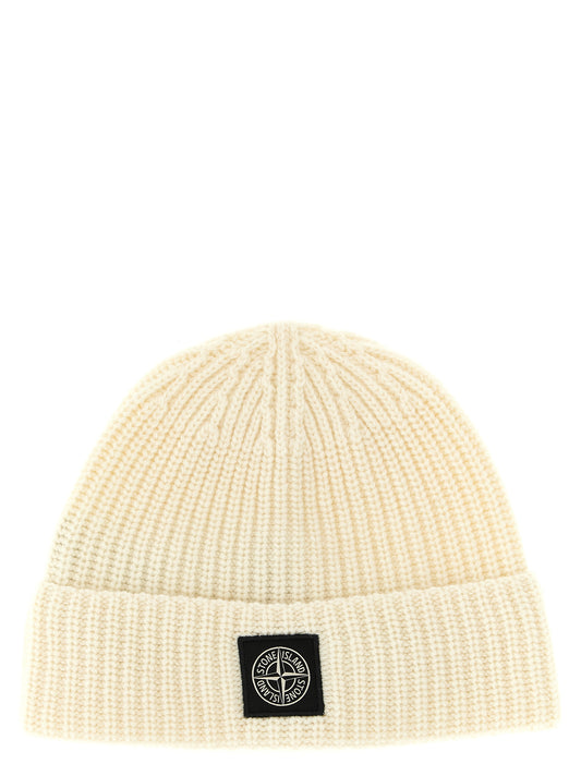 Beanie Hat by Stone Island for men in virgin wool white features a distinguished knit construction, showcasing the sophisticated silhouette and distinguished finish of the Virgin Wool Beanie Hat.