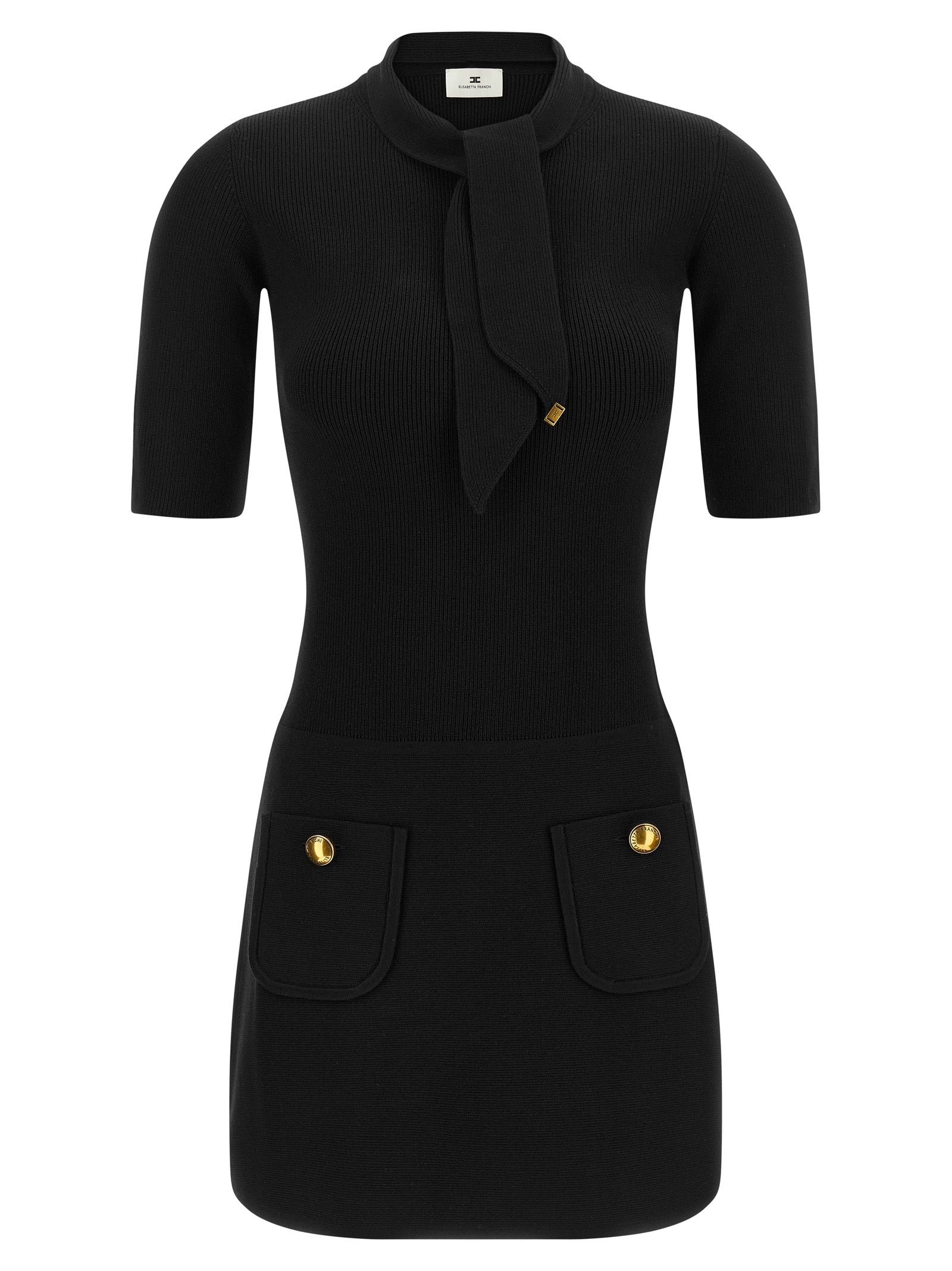 Dress by Elisabetta Franchi for women in polyester & viscose black, gold & patterned features a dramatic silhouette, showcasing an elegant high-neck neckline and short-sleeve that flows into a dramatic short.