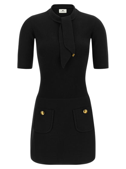 Dress by Elisabetta Franchi for women in polyester & viscose black, gold & patterned features a dramatic silhouette, showcasing an elegant high-neck neckline and short-sleeve that flows into a dramatic short.