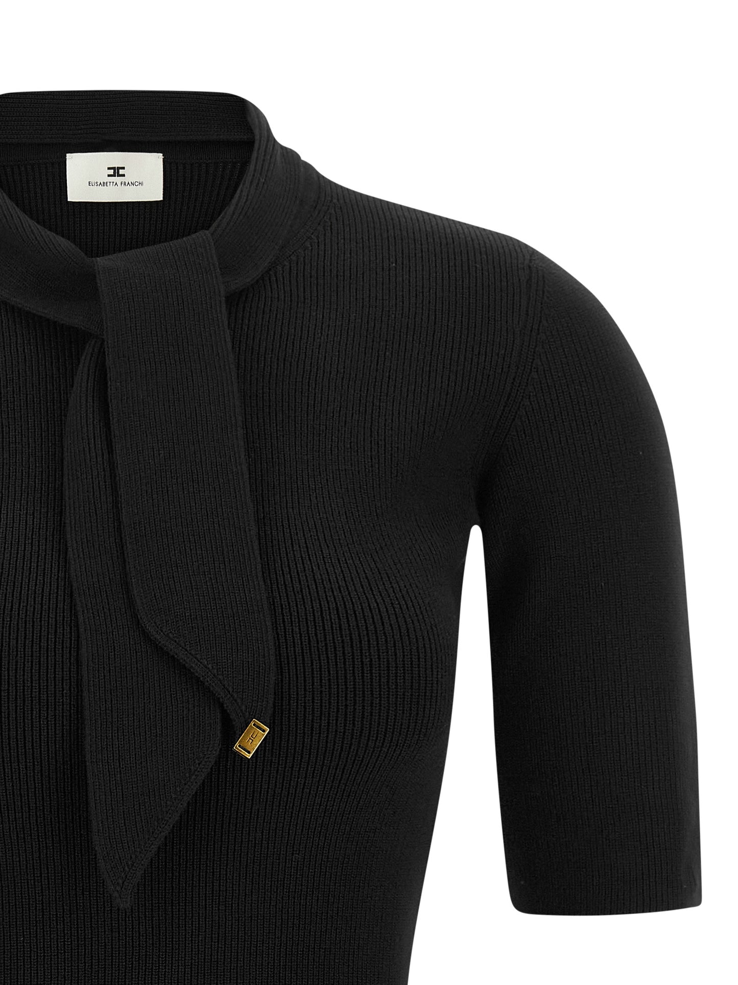 Dress by Elisabetta Franchi for women in polyester & viscose black, gold & patterned features an magnificent silhouette, artfully detailed with a magnificent high-neck neckline and that flows into an magnificent short.