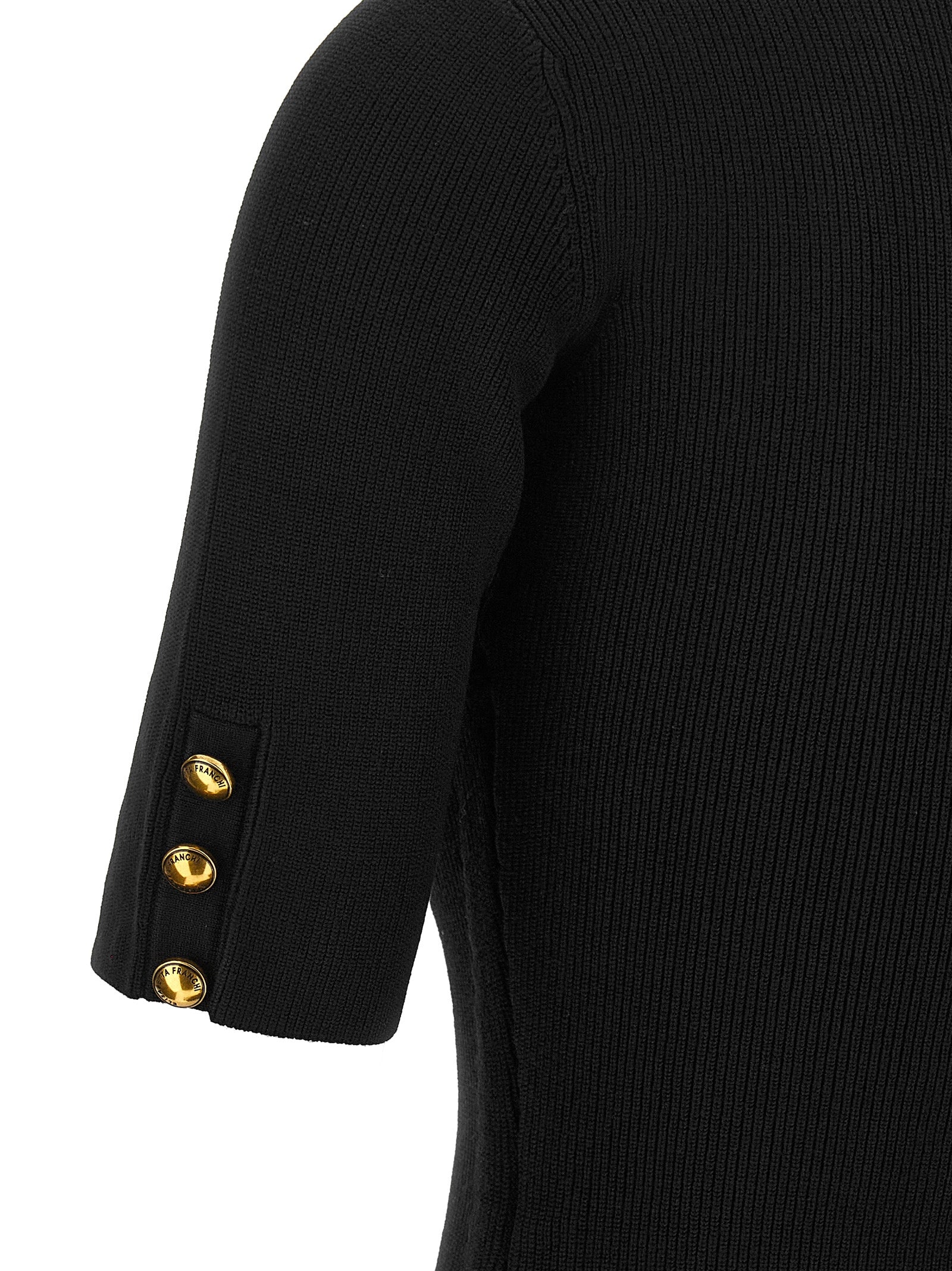 Dress by Elisabetta Franchi for women in polyester & viscose black, gold & patterned features an sultry silhouette defined by a and , falling to an sultry short for a sultry look.