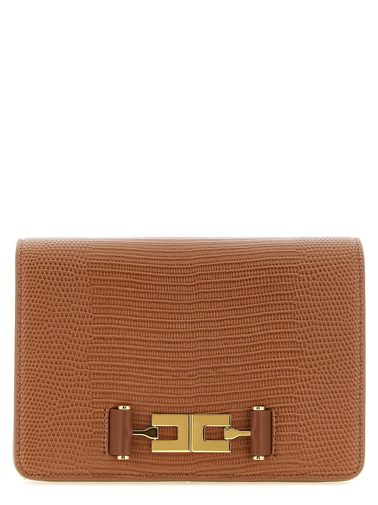 Shoulder Clutch Handbag by Elisabetta Franchi for women in polyester & polyurethane brown & gold showcases a sculptural silhouette, featuring a secure zipper, ample , and versatile shoulder-strap for a sculptural finish.