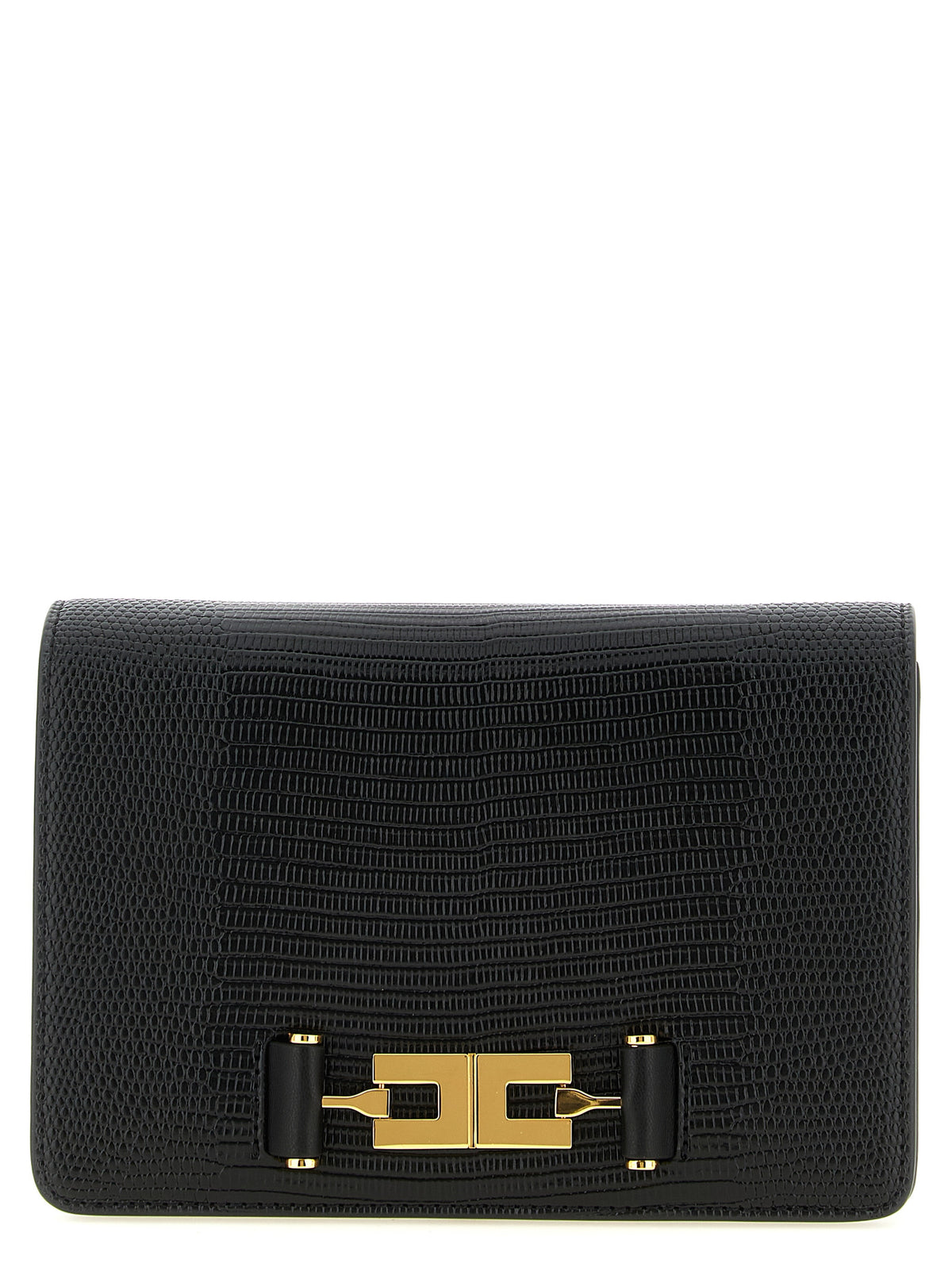 Shoulder Flap Clutch Handbag by Elisabetta Franchi for women in polyester & polyurethane black, gold & print features an sculptural silhouette, showcasing a secure flap & zipper and sculptural with versatile shoulder-strap for a sophisticated look.