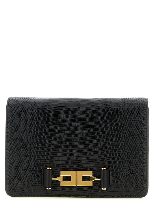 Shoulder Flap Clutch Handbag by Elisabetta Franchi for women in polyester & polyurethane black, gold & print features an sculptural silhouette, showcasing a secure flap & zipper and sculptural with versatile shoulder-strap for a sophisticated look.