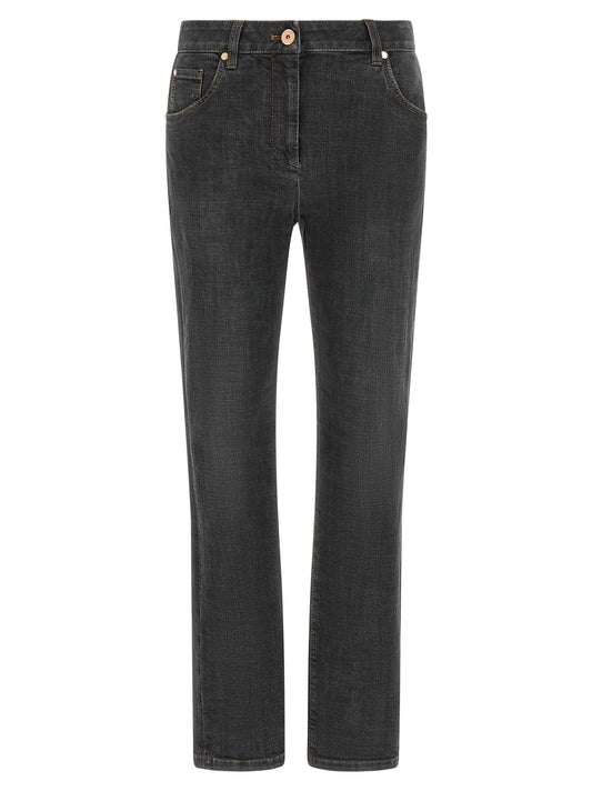 Jeans by Brunello Cucinelli for women in stretch denim cotton dark-gray & signature features an sophisticated and slim with a precise long, creating a sophisticated and sophisticated silhouette.