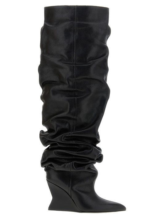 Wedge Over-The-Knee Boots by Balmain for women in calfskin leather black & signature showcases a ergonomic silhouette from the Women's Calfskin Leather Wedge Over-The-Knee Boots collection, featuring a ergonomic wedge and a ergonomic pointed toe style.