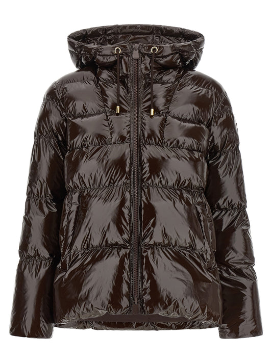 Hooded Puffer Jacket by PINKO for women in polyamide brown & gold showcases a bohemian silhouette, artfully detailed with a bohemian hooded neckline and signature hooded & insulated for a truly bohemian finish.