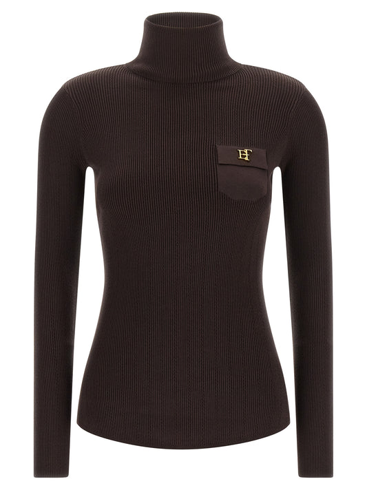 Cardigan by Elisabetta Franchi for women in stretch polyamide cotton & silk brown & gold features a nuanced silhouette with a refined high-neck neckline and nuanced detailing for a sophisticated look.