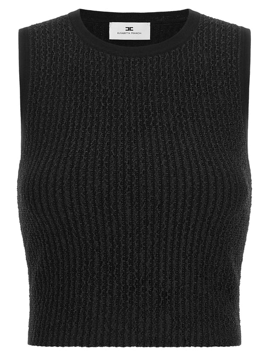 T-Shirt by Elisabetta Franchi for women in polyamide polyester viscose black & signature showcases a fashionable silhouette, elegantly detailed with a fashionable sleeveless and round neckline for a sophisticated, high-fashion look.