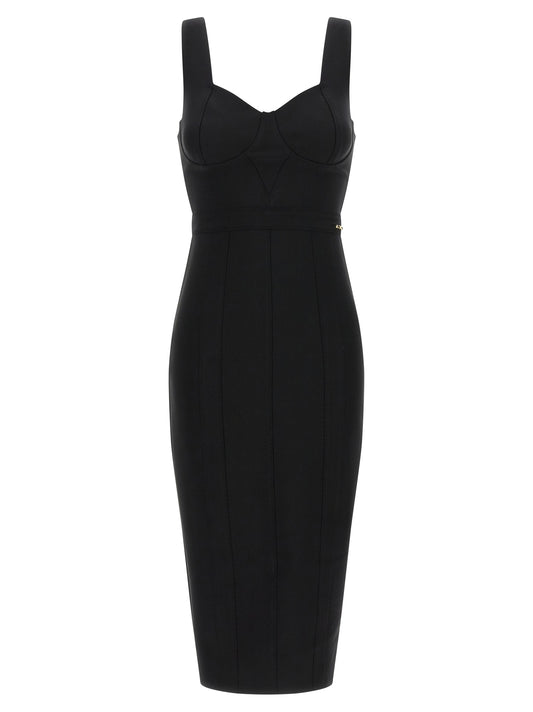 Dress by Elisabetta Franchi for women in stretch polyamide black & gold features an magnificent silhouette, artfully detailed with a magnificent sweetheart neckline and that flows into an magnificent midi.