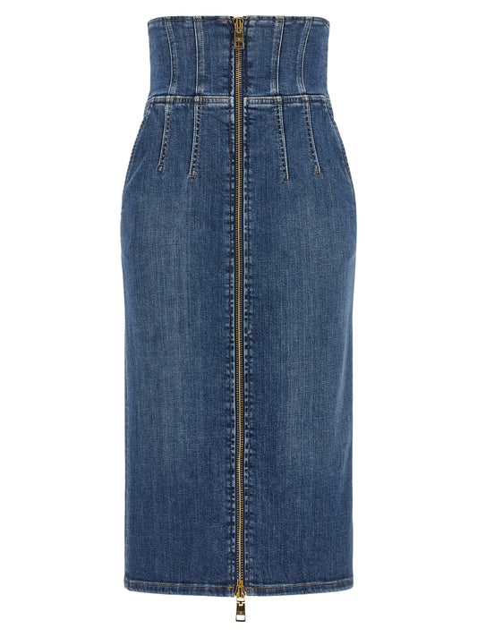 Skirt by Elisabetta Franchi for women in stretch denim cotton blue, gold & monogram features a sublime silhouette, showcasing the sublime design of the Women's Denim High Rise Stretch Cotton Skirt in a sophisticated midi.