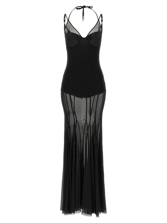 Dress by Elisabetta Franchi for women in polyamide satin black, gold & red presents a sinuous silhouette, showcasing a sophisticated and detailed with a sinuous long for a refined finish.
