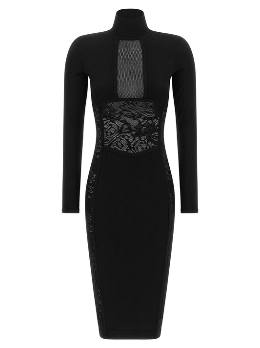 Dress by Elisabetta Franchi for women in poly cotton viscose mesh black & floral showcases a striking silhouette, elegantly detailed with a , refined mock neckline, and a striking midi for a striking finish.