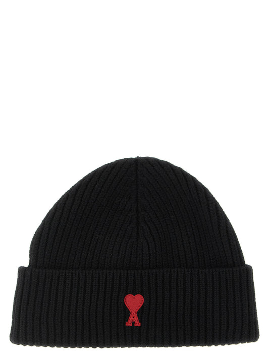 Beanie Hat by Ami Paris for unisex in merino wool black & red features a refined silhouette, showcasing the refined design of the Merino Wool Beanie Hat for a sophisticated look.