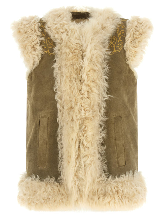 Vest by Etro for women in suede lamb leather & shearling beige, cream, olive & paisley features a chic silhouette, expertly detailed with a refined and premium pockets for a truly chic look.